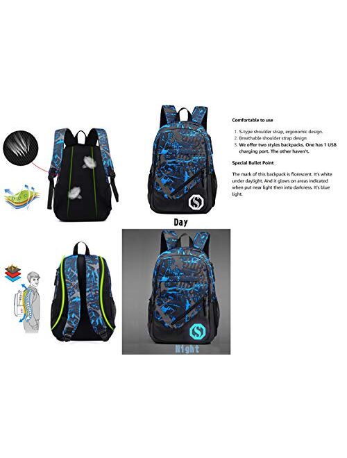 JiaYou Boy Girl Unisex 20L Fashion School Bag Backpack Bookbag with Florescent Mark 2/3 Sets