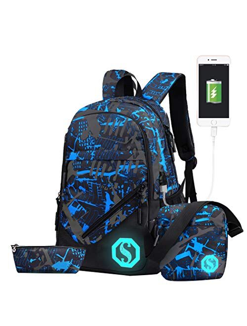 JiaYou Boy Girl Unisex 20L Fashion School Bag Backpack Bookbag with Florescent Mark 2/3 Sets