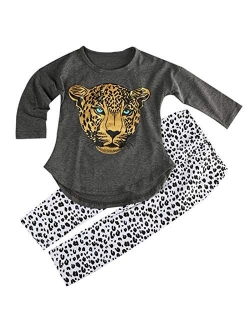 ggudd Girl's Leopard Long Sleeves T-Shirt Tops and Leggings Pants 2 Pieces Clothing Sets for 2-8 Years