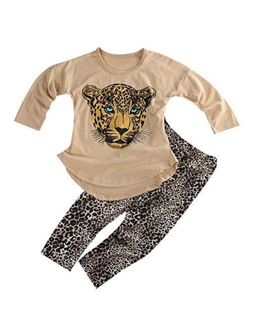 ggudd Girl's Leopard Long Sleeves T-Shirt Tops and Leggings Pants 2 Pieces Clothing Sets for 2-8 Years