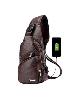 Men's Sling Bag, Business Leather Shoulder Backpacks Campus Travel Crossbody Bag with USB Charging Port