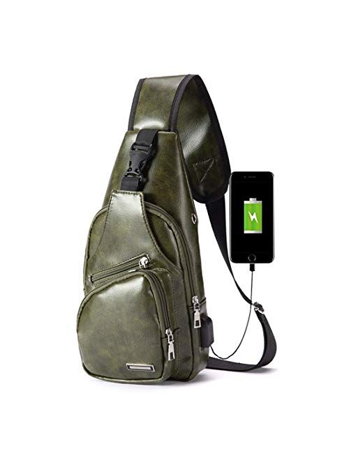 Men's Sling Bag, Business Leather Shoulder Backpacks Campus Travel Crossbody Bag with USB Charging Port