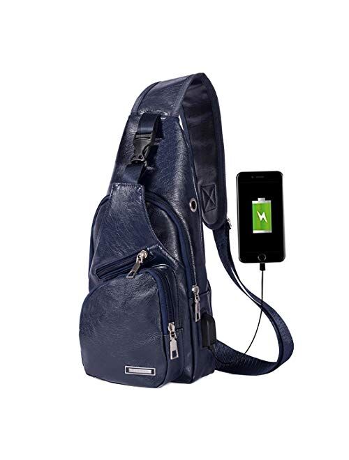 Men's Sling Bag, Business Leather Shoulder Backpacks Campus Travel Crossbody Bag with USB Charging Port