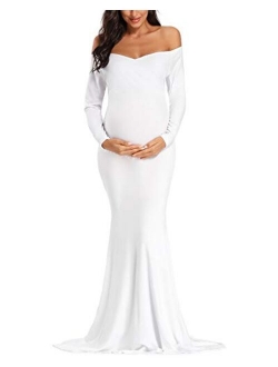 Ecavus Women's Off Shoulder Maternity Dress Slim Cross-Front V Neck Long Sleeve Gowns for Photoshoot