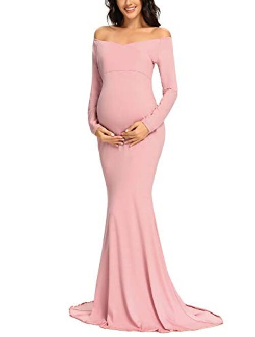 Ecavus Women's Off Shoulder Maternity Dress Slim Cross-Front V Neck Long Sleeve Gowns for Photoshoot