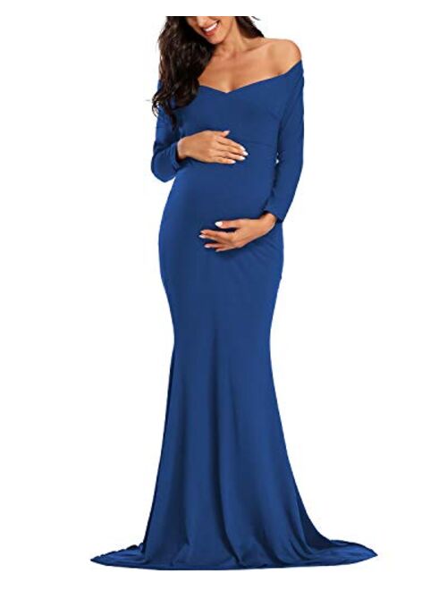 Ecavus Women's Off Shoulder Maternity Dress Slim Cross-Front V Neck Long Sleeve Gowns for Photoshoot