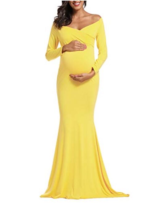 Ecavus Women's Off Shoulder Maternity Dress Slim Cross-Front V Neck Long Sleeve Gowns for Photoshoot