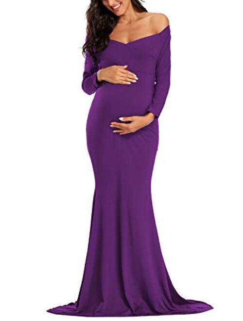 Ecavus Women's Off Shoulder Maternity Dress Slim Cross-Front V Neck Long Sleeve Gowns for Photoshoot