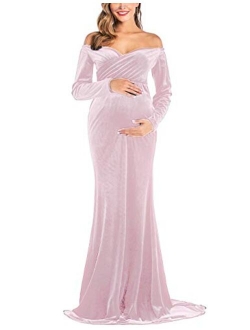 JustVH Velvet Maternity Off Shoulder Half Circle Fitted Gown Maxi Photography Dress for Baby Shower Photo Props Dress