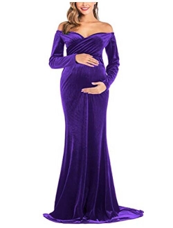 JustVH Velvet Maternity Off Shoulder Half Circle Fitted Gown Maxi Photography Dress for Baby Shower Photo Props Dress