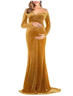 JustVH Velvet Maternity Off Shoulder Half Circle Fitted Gown Maxi Photography Dress for Baby Shower Photo Props Dress