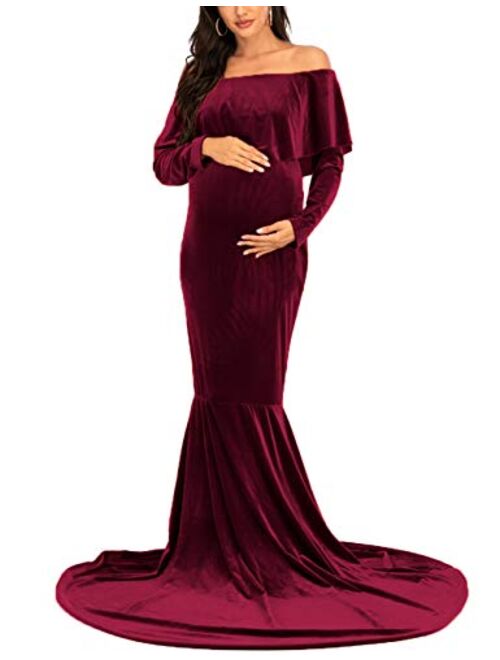 JustVH Velvet Maternity Off Shoulder Half Circle Fitted Gown Maxi Photography Dress for Baby Shower Photo Props Dress