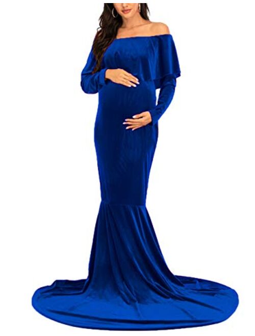 JustVH Velvet Maternity Off Shoulder Half Circle Fitted Gown Maxi Photography Dress for Baby Shower Photo Props Dress