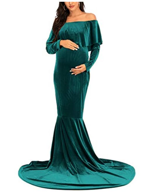 JustVH Velvet Maternity Off Shoulder Half Circle Fitted Gown Maxi Photography Dress for Baby Shower Photo Props Dress