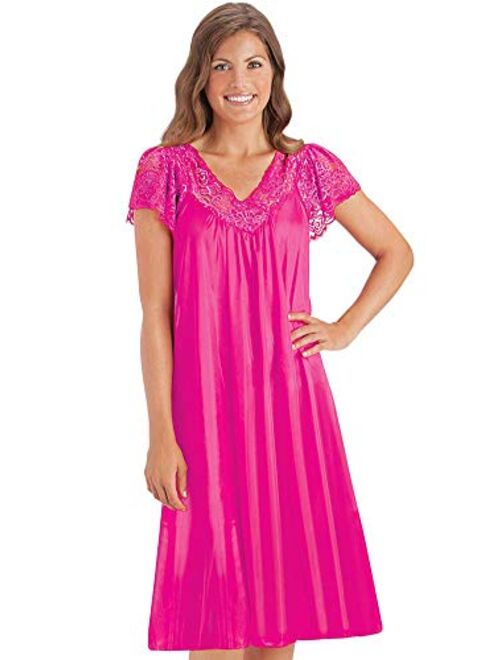 Silky Lace Trim V-Neckline Knee-Length Nightgown with Flutter Lace Sleeves