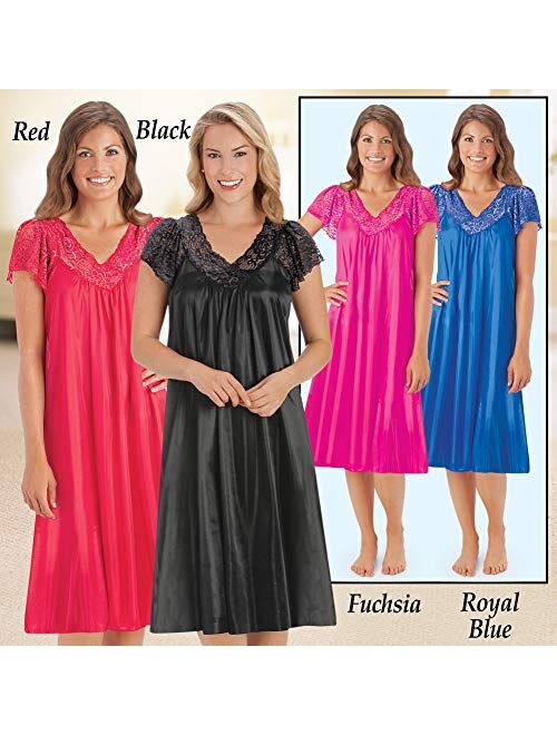 Silky Lace Trim V-Neckline Knee-Length Nightgown with Flutter Lace Sleeves