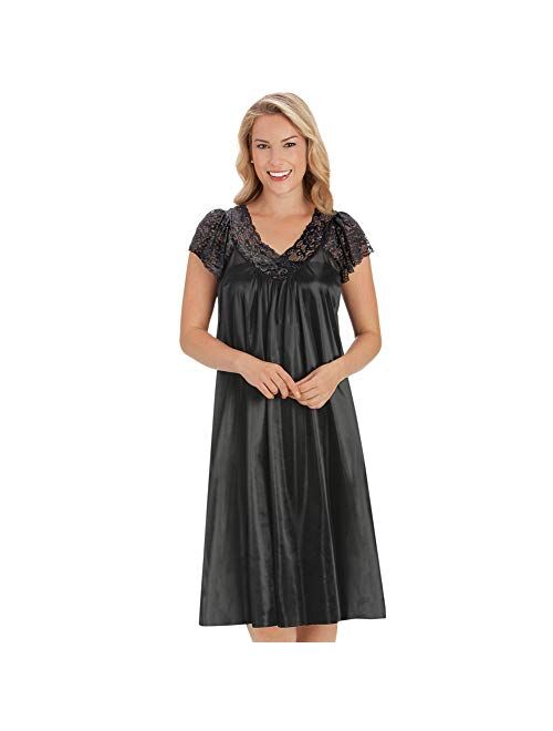 Silky Lace Trim V-Neckline Knee-Length Nightgown with Flutter Lace Sleeves