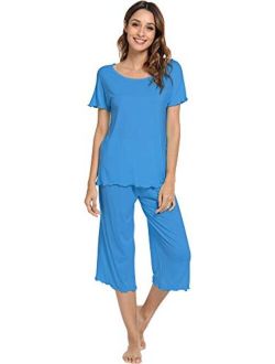 Womens Bamboo Pajamas Soft Pajama Sets Comfy Short Sleeves Loungewear Plus Size Sleepwear Top with Capri Pants Pjs S-4X