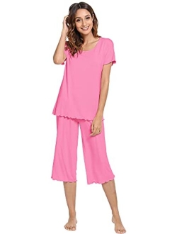 Womens Bamboo Pajamas Soft Pajama Sets Comfy Short Sleeves Loungewear Plus Size Sleepwear Top with Capri Pants Pjs S-4X