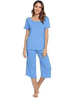 Womens Bamboo Pajamas Soft Pajama Sets Comfy Short Sleeves Loungewear Plus Size Sleepwear Top with Capri Pants Pjs S-4X