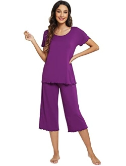 Womens Bamboo Pajamas Soft Pajama Sets Comfy Short Sleeves Loungewear Plus Size Sleepwear Top with Capri Pants Pjs S-4X