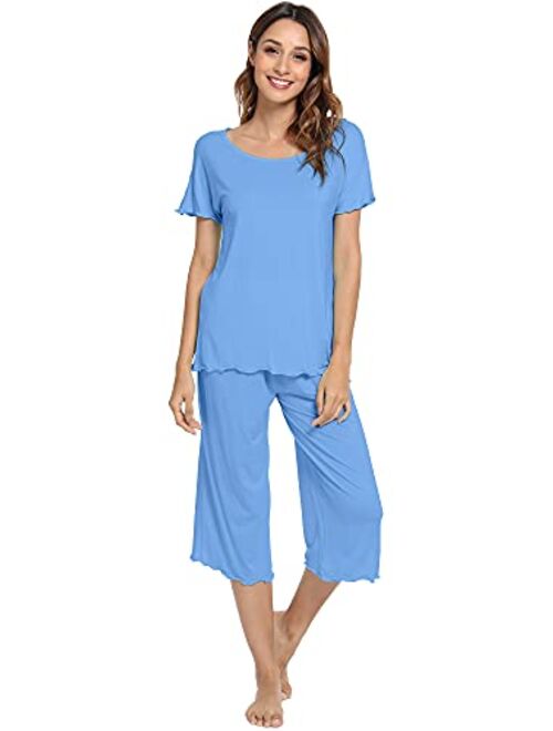 WiWi Womens Bamboo Pajamas Soft Pajama Sets Comfy Short Sleeves Loungewear Plus Size Sleepwear Top with Capri Pants Pjs S-4X