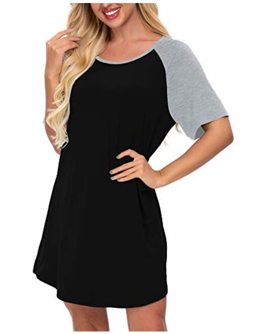 SWOMOG Women's Nightgown Short Sleeve Soft Sleepwear Raglan Sleepshirt Loungewear Nightshirts