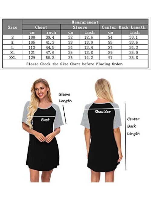 SWOMOG Women's Nightgown Short Sleeve Soft Sleepwear Raglan Sleepshirt Loungewear Nightshirts