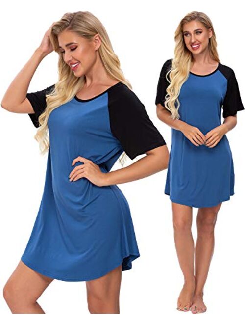 SWOMOG Women's Nightgown Short Sleeve Soft Sleepwear Raglan Sleepshirt Loungewear Nightshirts