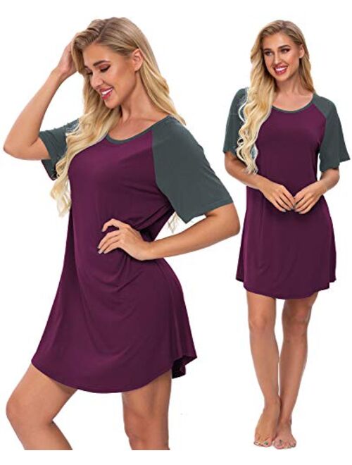 SWOMOG Women's Nightgown Short Sleeve Soft Sleepwear Raglan Sleepshirt Loungewear Nightshirts