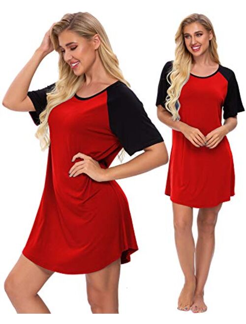 SWOMOG Women's Nightgown Short Sleeve Soft Sleepwear Raglan Sleepshirt Loungewear Nightshirts