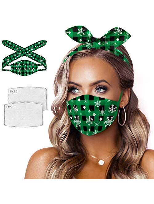 Ababalaya 3 in 1 Cloth Face Cover Reusable Washable Headband Christmas Decorative Bandanas for Women