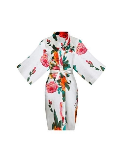 ALHAVONE Women's Rose Flowers Silky Satin Short Kimono Robe for Wedding Getting Ready