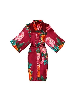 ALHAVONE Women's Rose Flowers Silky Satin Short Kimono Robe for Wedding Getting Ready