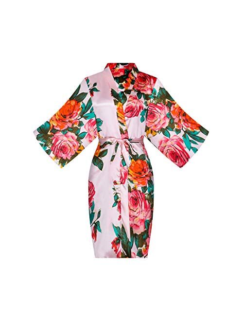 ALHAVONE Women's Rose Flowers Silky Satin Short Kimono Robe for Wedding Getting Ready