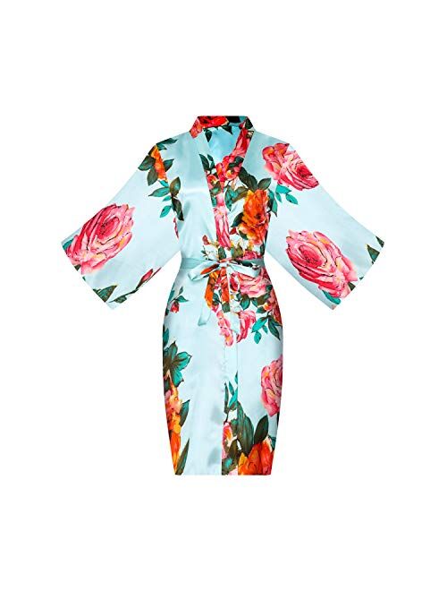 ALHAVONE Women's Rose Flowers Silky Satin Short Kimono Robe for Wedding Getting Ready