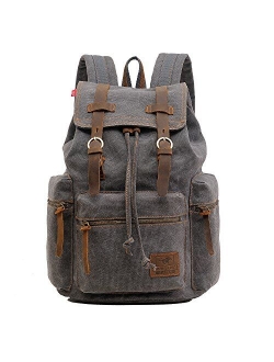 AUGUR Canvas Backpack Vintage Leather Large Laptop Rucksack Bookbag Satchel Hiking Bag