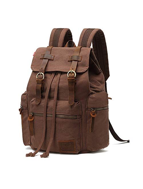 AUGUR Canvas Backpack Vintage Leather Large Laptop Rucksack Bookbag Satchel Hiking Bag