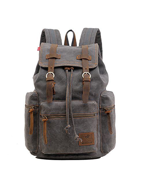 AUGUR Canvas Backpack Vintage Leather Large Laptop Rucksack Bookbag Satchel Hiking Bag