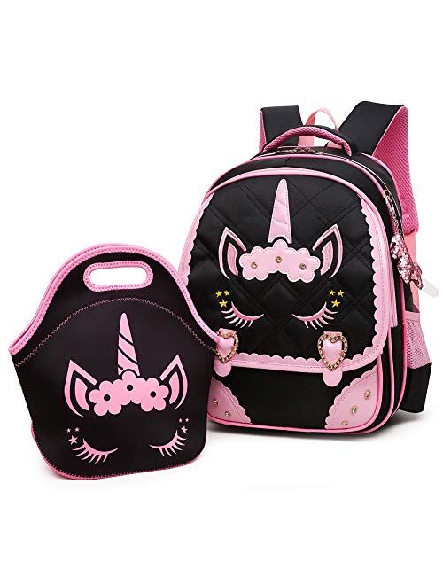 Moonmo Cute Unicorn Face Diamond Sequins Waterproof Princess School Backpack Set Girls Book Bag