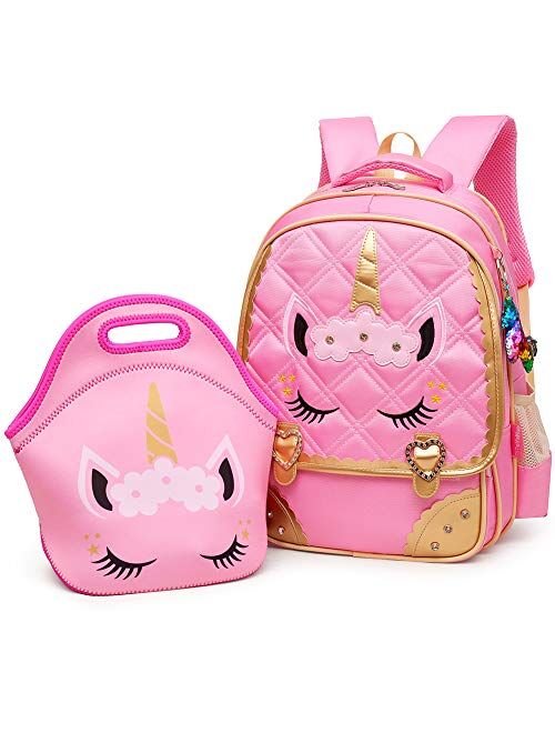 Moonmo Cute Unicorn Face Diamond Sequins Waterproof Princess School Backpack Set Girls Book Bag