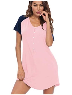 LecGee Women's Short Sleeve Nightshirt Button Sleepwear Raglan Sleepshirt Boyfriend Style Pajama Nightgown Dress with Pocket