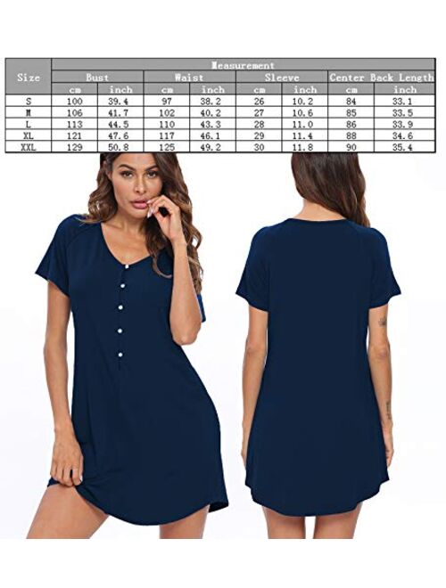 LecGee Women's Short Sleeve Nightshirt Button Sleepwear Raglan Sleepshirt Boyfriend Style Pajama Nightgown Dress with Pocket