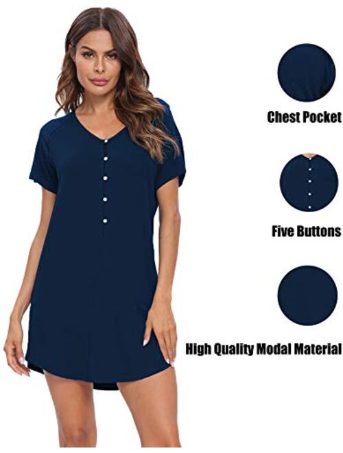 LecGee Women's Short Sleeve Nightshirt Button Sleepwear Raglan Sleepshirt Boyfriend Style Pajama Nightgown Dress with Pocket