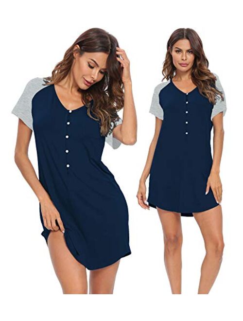 LecGee Women's Short Sleeve Nightshirt Button Sleepwear Raglan Sleepshirt Boyfriend Style Pajama Nightgown Dress with Pocket