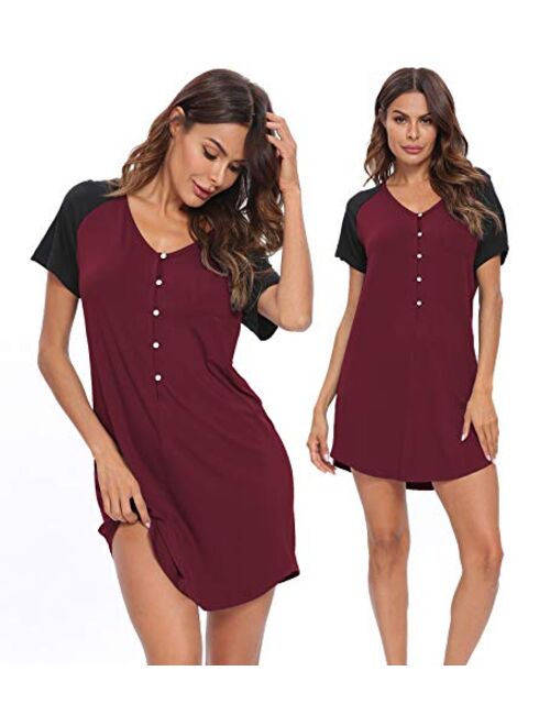 LecGee Women's Short Sleeve Nightshirt Button Sleepwear Raglan Sleepshirt Boyfriend Style Pajama Nightgown Dress with Pocket