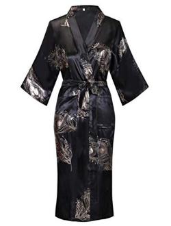 Old-to-new Women's Long Kimono Robe Lightweight Silk Bathrobe Nightgown with Pockets