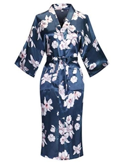 Old-to-new Women's Long Kimono Robe Lightweight Silk Bathrobe Nightgown with Pockets