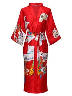 Old-to-new Women's Long Kimono Robe Lightweight Silk Bathrobe Nightgown with Pockets