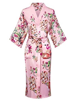 Old-to-new Women's Long Kimono Robe Lightweight Silk Bathrobe Nightgown with Pockets